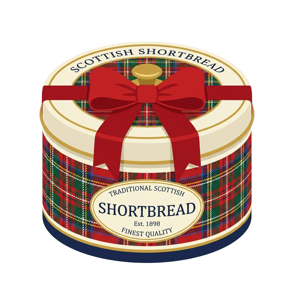 A cylindrical tin of traditional Scottish shortbread wrapped with plaid ribbon and a red bow, labeled with Scottish heritage details