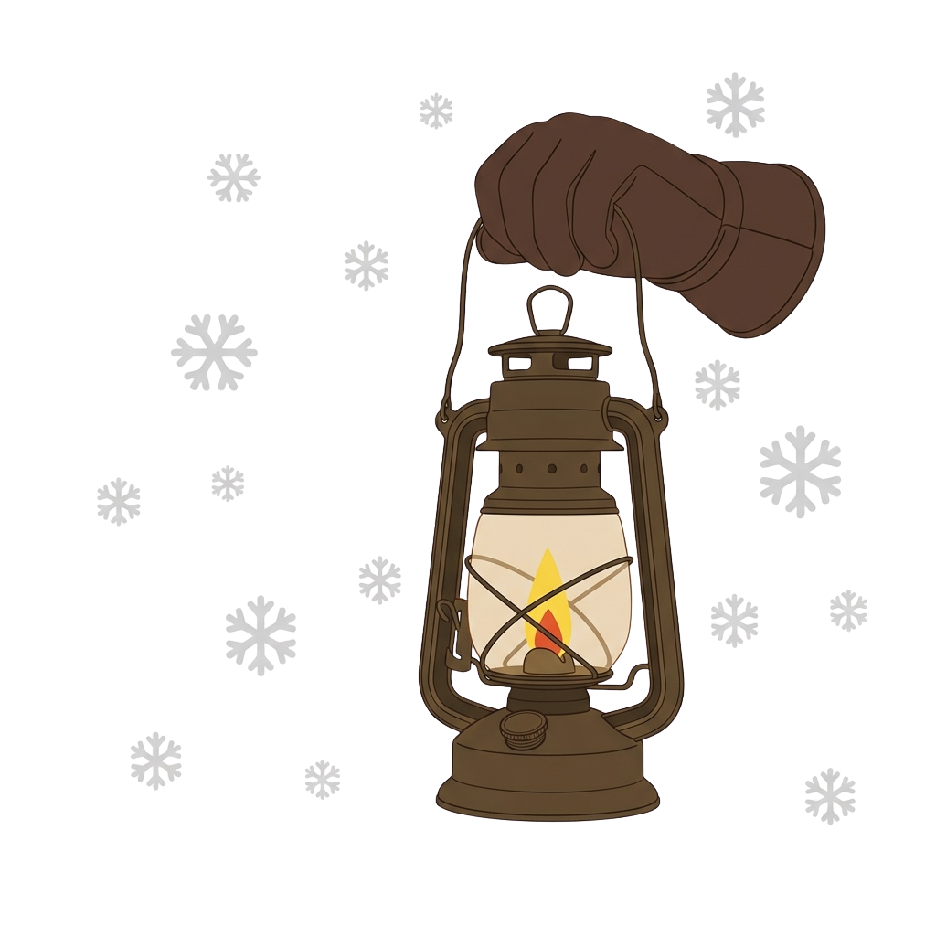A hand holding a lit lantern with snowflakes falling around it on a dark background