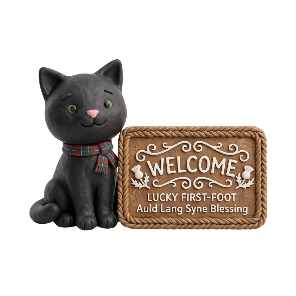 Gray cat wearing a plaid scarf sitting beside a welcome first-foot gift box with Auld Lang Syne blessing text