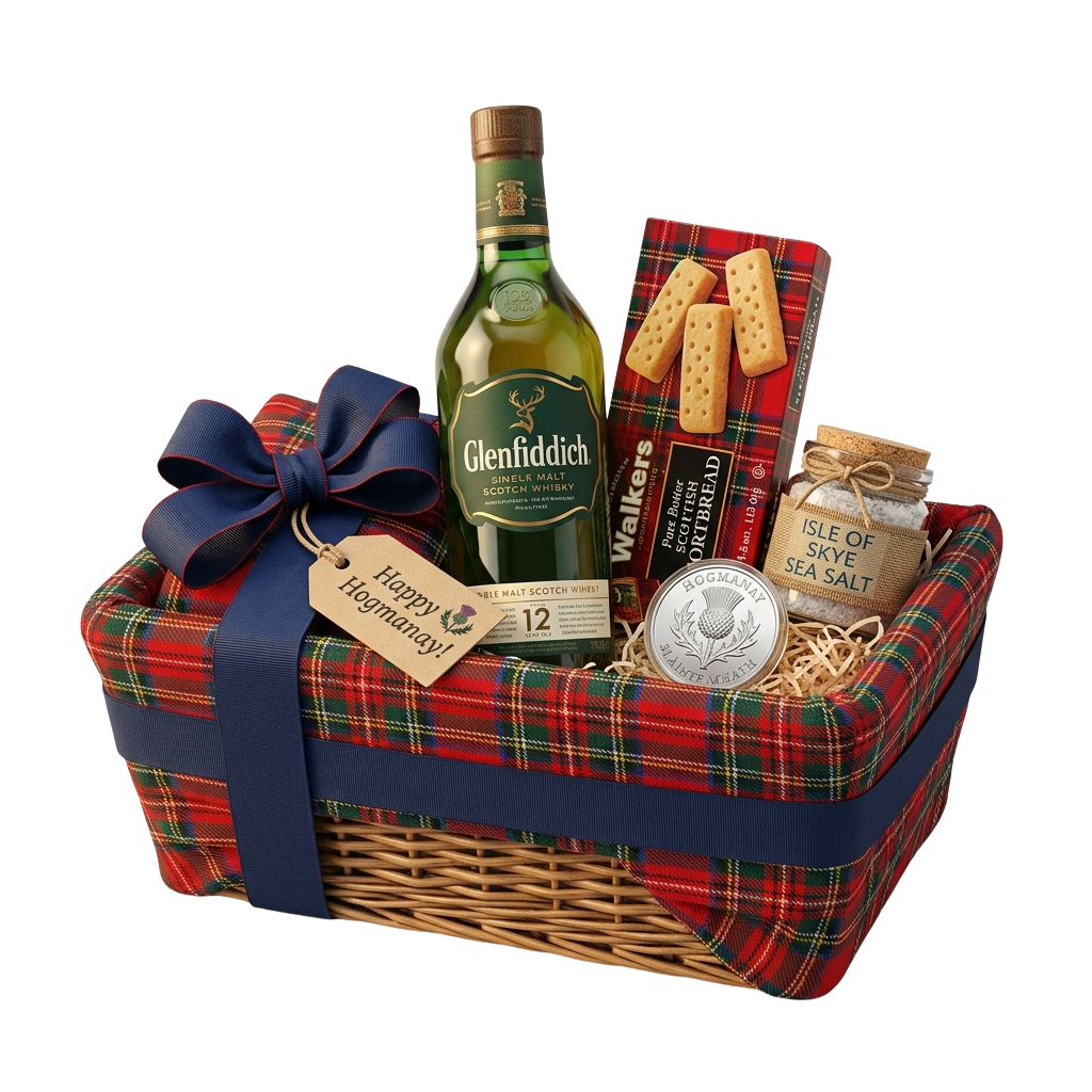 Gift basket containing whisky bottle, shortbread, sea salt, coin, and festive tag for Hogmanay celebration