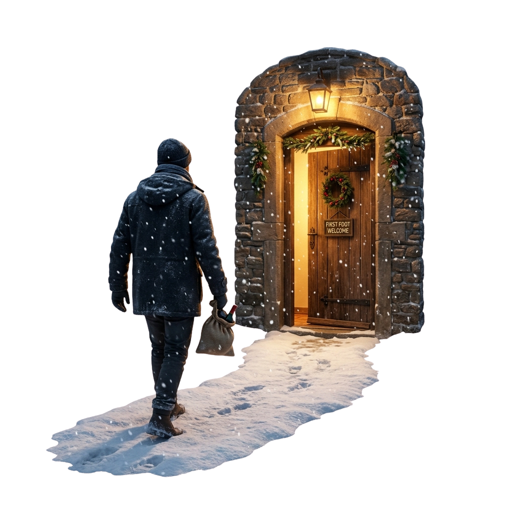 Person walking toward a cozy door with a first foot welcome sign during snowy weather