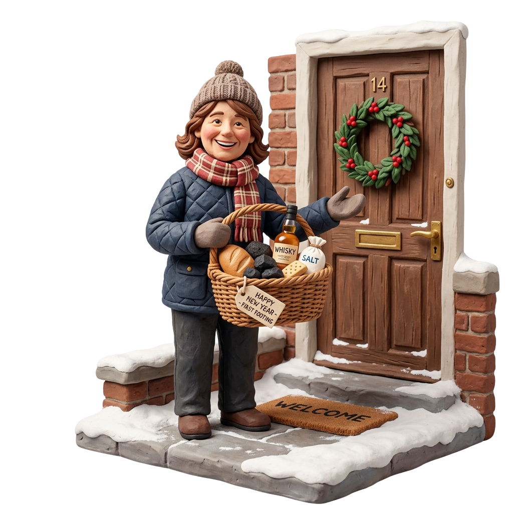 Person holding basket with whisky, bread, and salt outside a snowy door with number 14 and a wreath