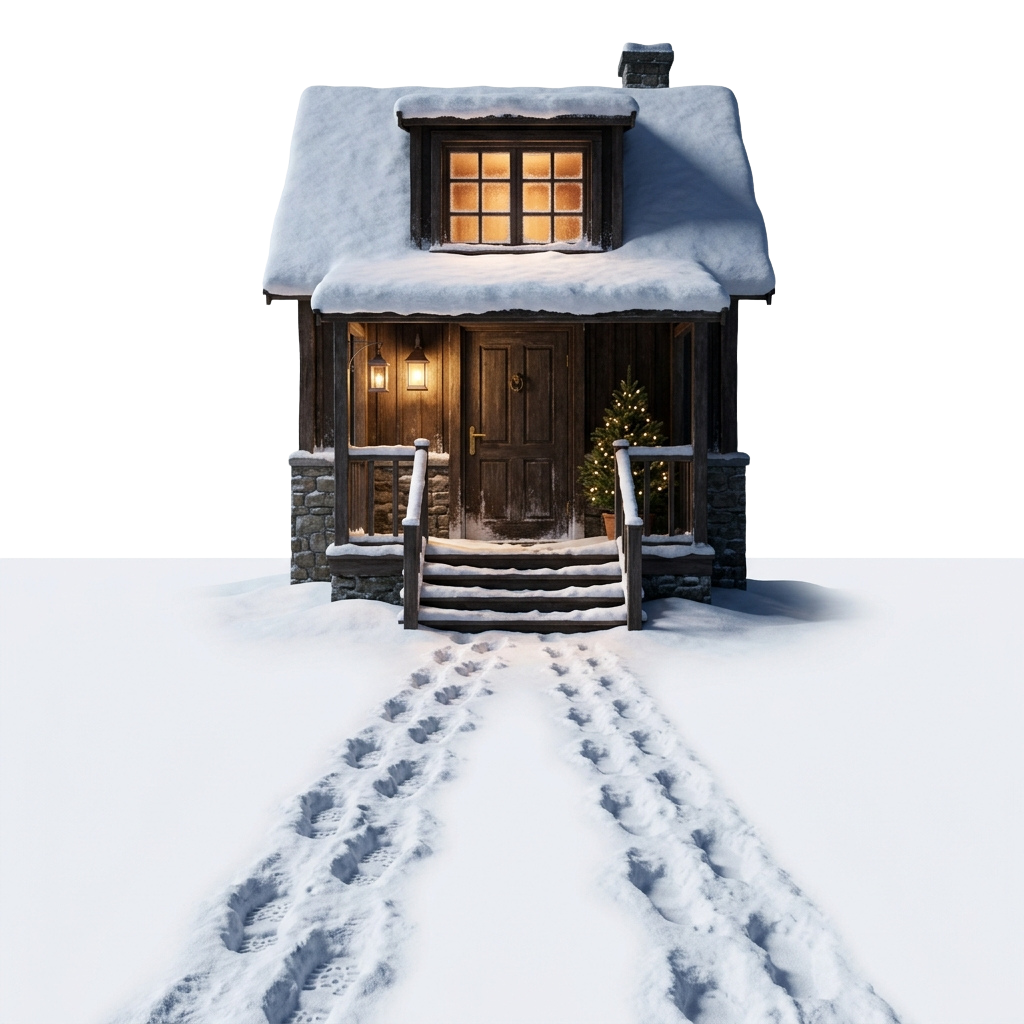 A snowy cabin with warm lighting visible through windows, a small porch, and a cleared snow path leading to the door
