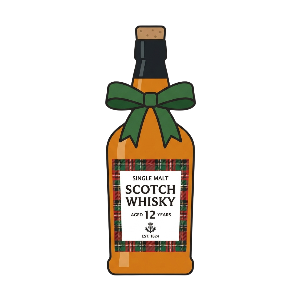 Illustration of an orange bottle of single malt Scotch whisky aged 12 years with a green ribbon bow and plaid label