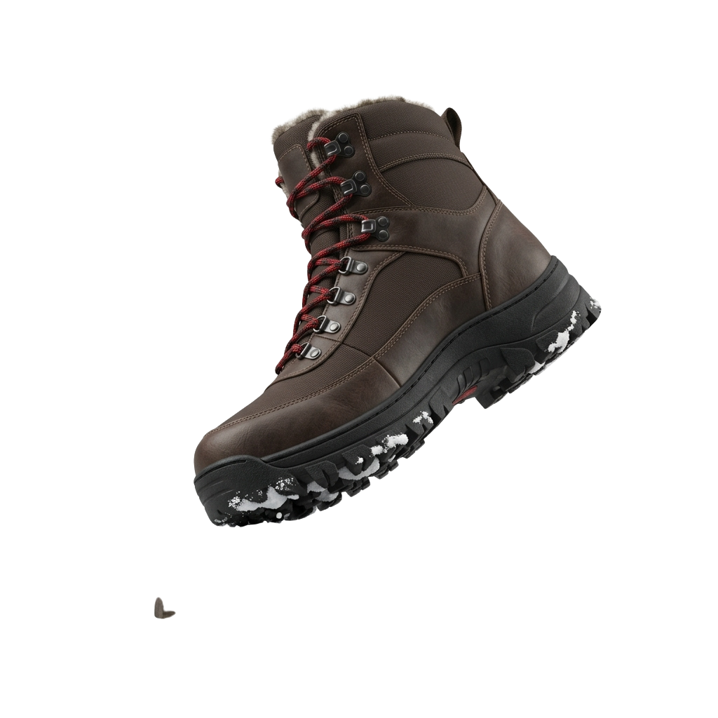 Brown hiking boot featuring red laces and a white treaded sole for winter traction