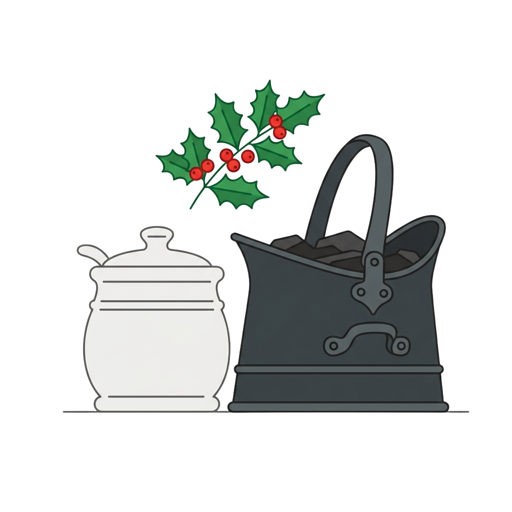 A white pitcher and gray wicker basket with a poinsettia leaf and berries above them