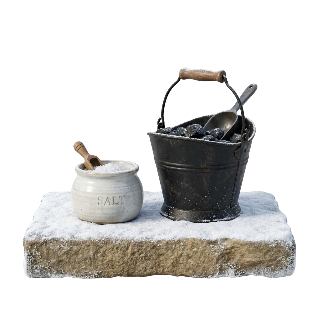 A ceramic salt container and a metal bucket filled with coal on a snowy stone base