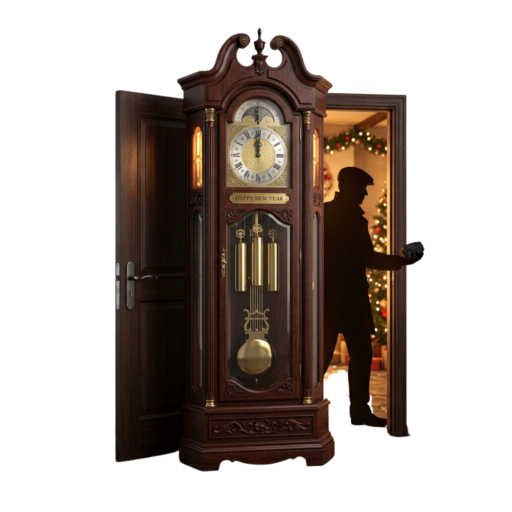 A large wooden grandfather clock displaying Happy New Year with an open door revealing a festive interior.