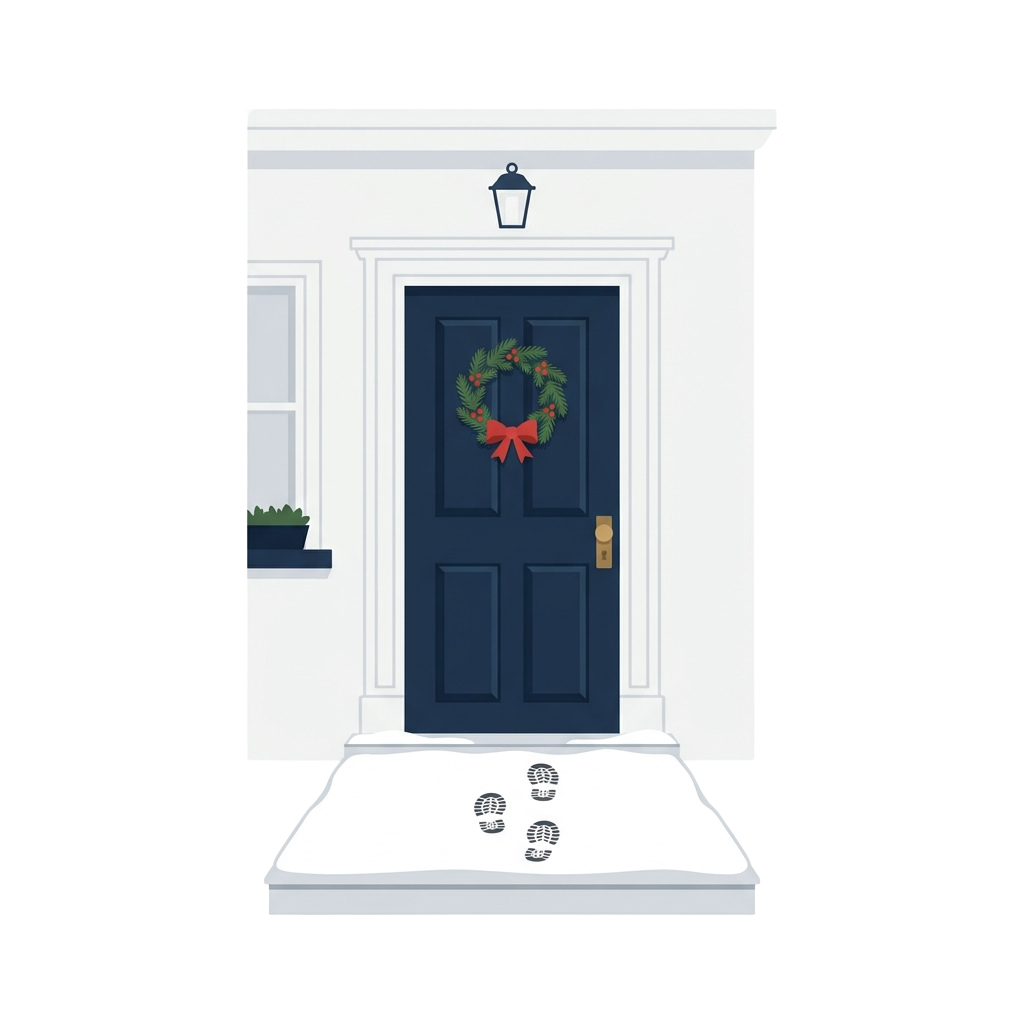 A dark blue front door with a green wreath and red bow, snow on the steps, and three footprints in the snow.