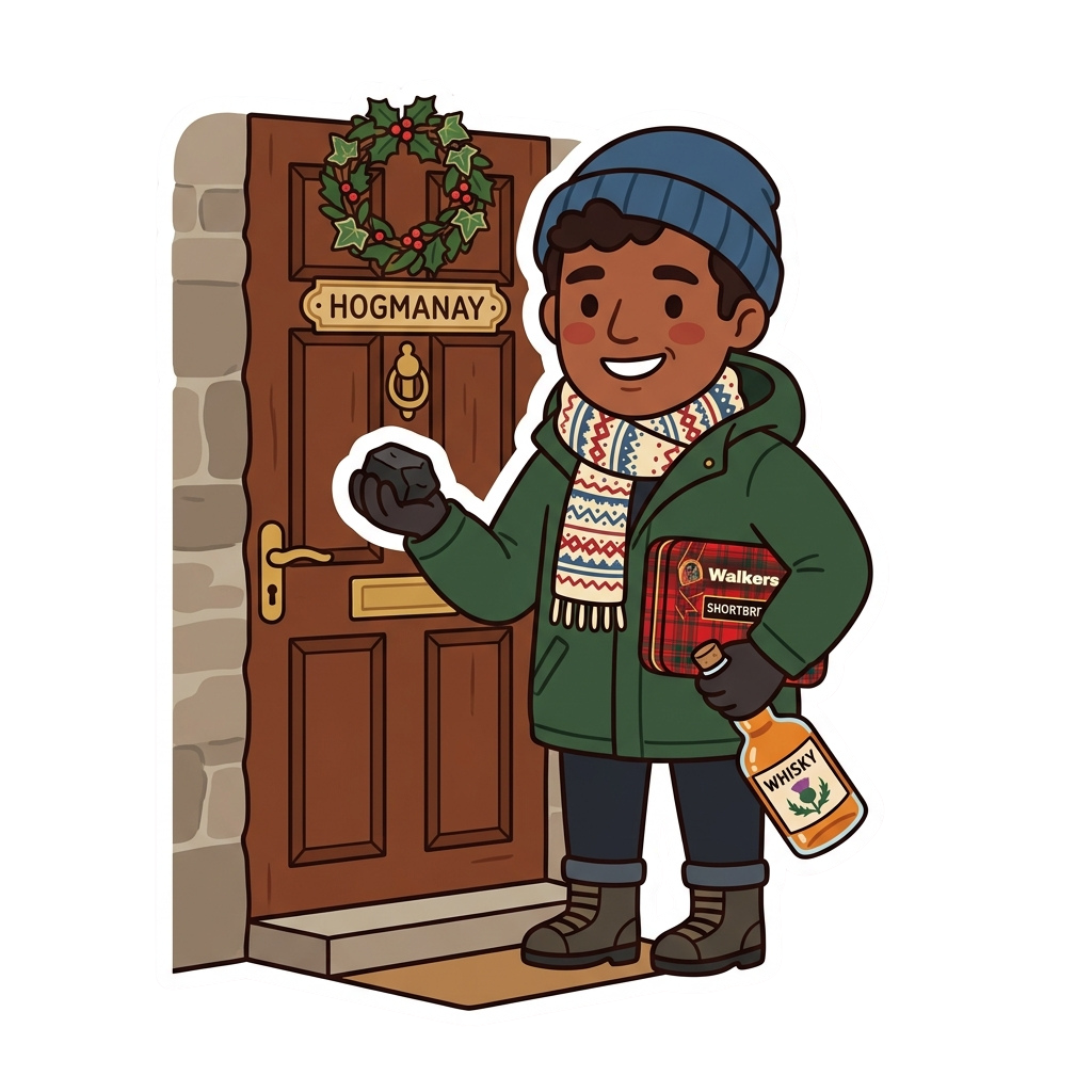 Person wearing winter clothes offers shortbread and whisky at a door labeled Hogmanay with a wreath.