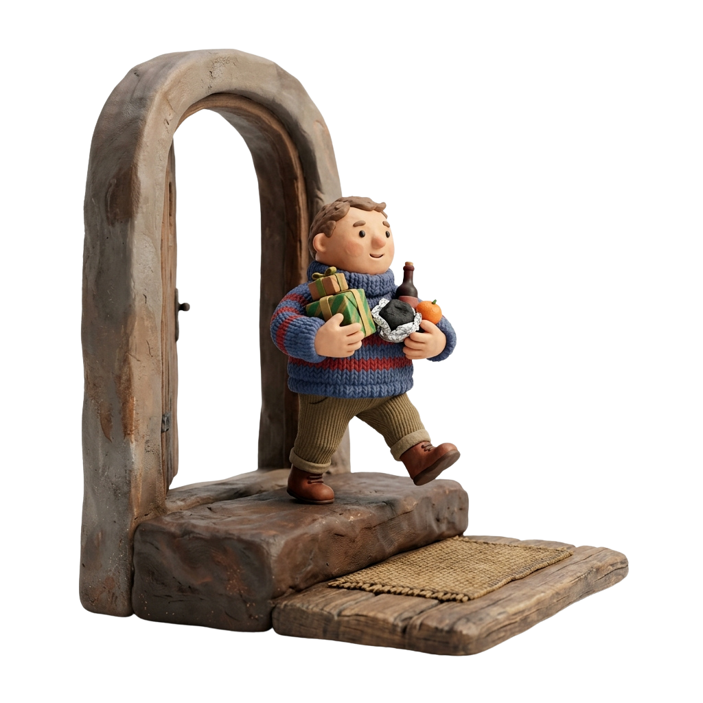 A small toy figure wearing a striped sweater and holding wrapped gifts and a bottle stands on a wooden doorstep.