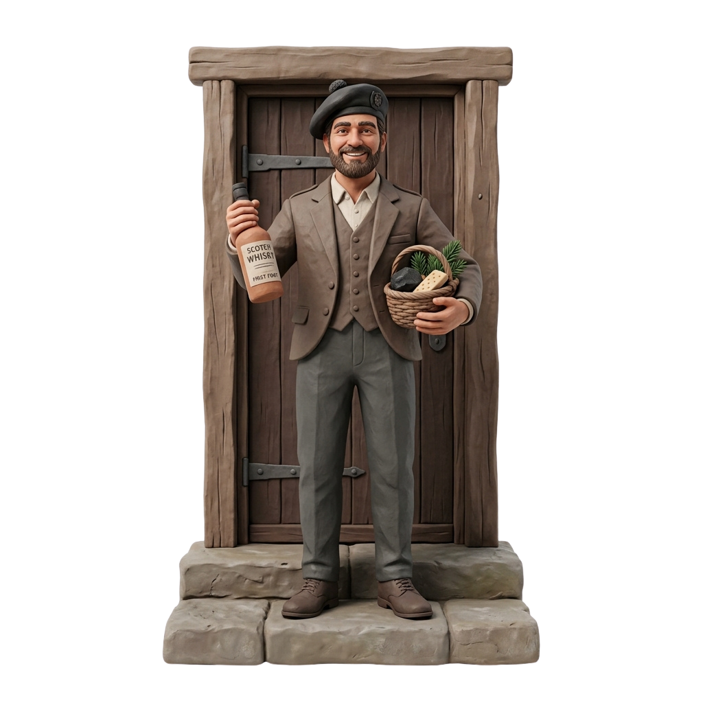 Statue of a man in a suit holding a whiskey bottle and a barrel with plants on top