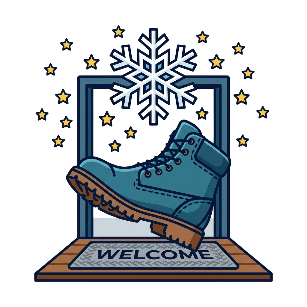 A stylized welcome mat with a blue boot and a snowflake above it, set against a starry night background.