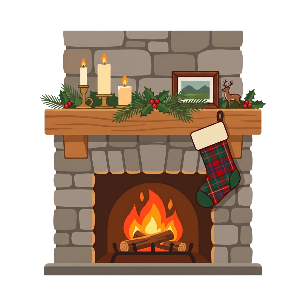 A festive fireplace mantel decorated with candles, greenery, a stocking, and a small deer figurine.