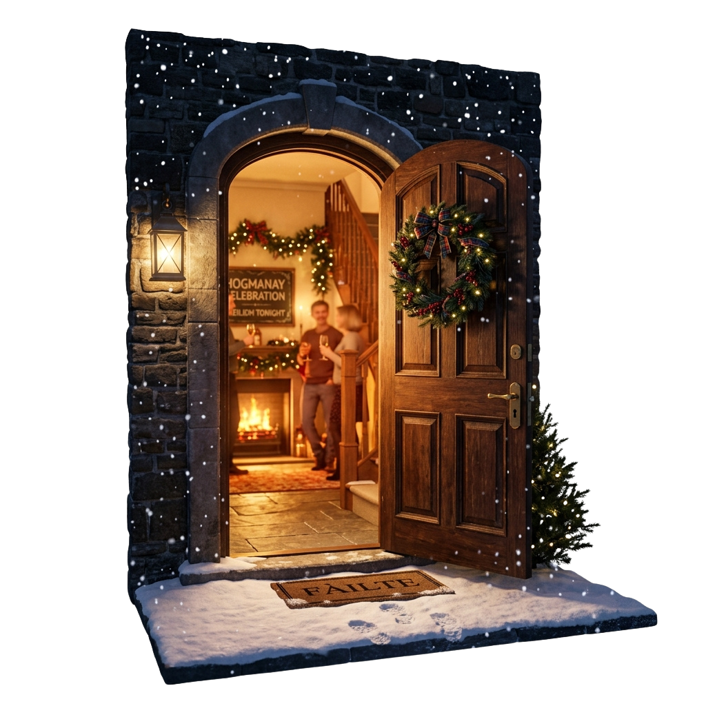 A snowy entrance with a wooden door adorned with a wreath, lit lanterns, and a warmly lit interior showing a fireplace and Christmas decorations.