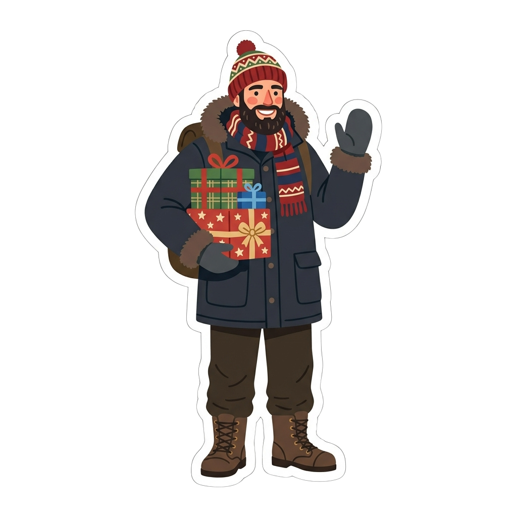 A cheerful person in winter clothing holding wrapped gift boxes and waving with a smile