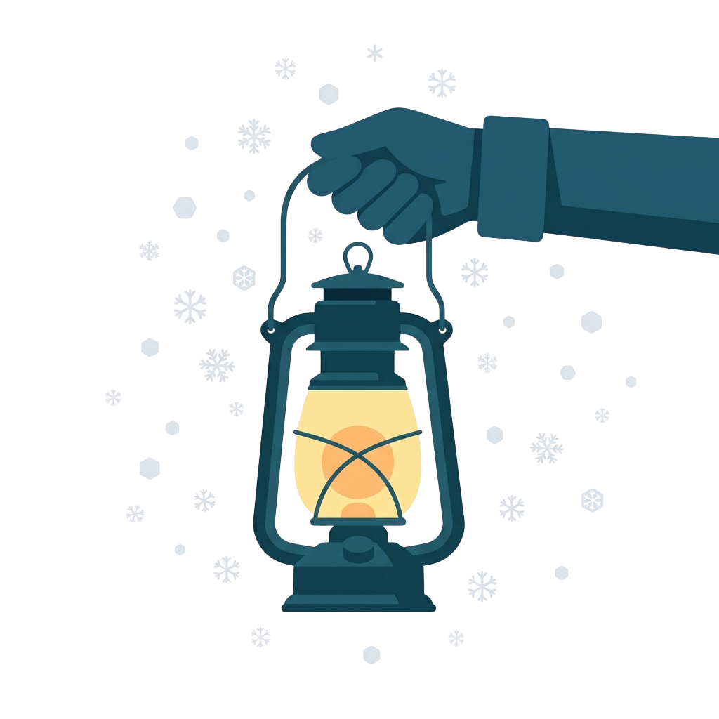 A hand holding a lit lantern against a snowy, starry night background