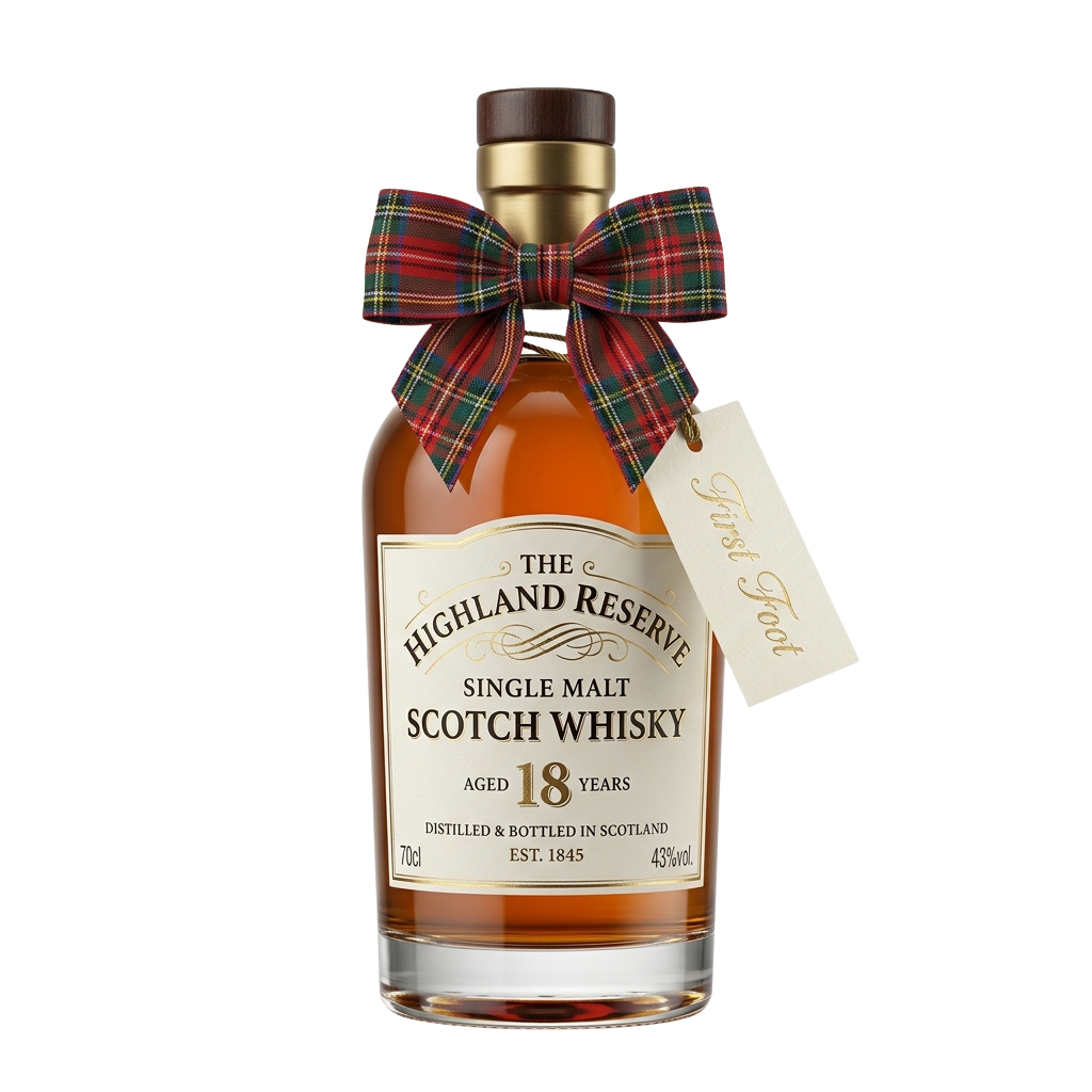 Bottle of single malt Scotch whisky aged 18 years with plaid ribbon and Just For You tag