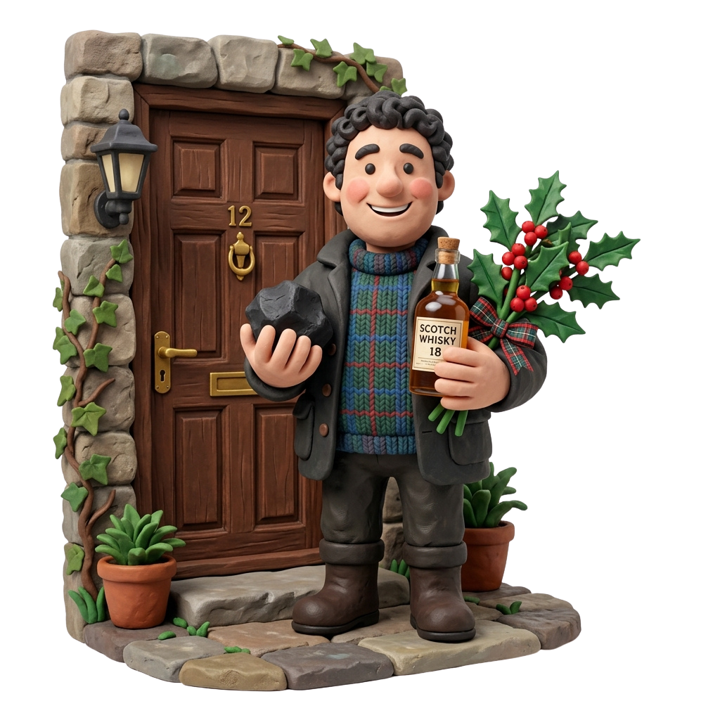 A cheerful character standing outside a stone door numbered 12, holding a bottle of whisky and holly with berries.