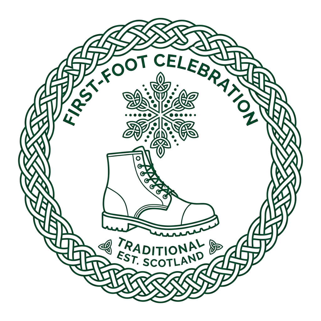 Green Celtic knot design featuring a boot and shamrock for First Foot celebration in Scotland
