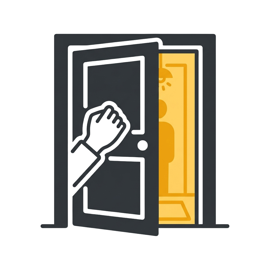 A closed door with a fist knocking on it and a silhouette of a person standing behind an open door.