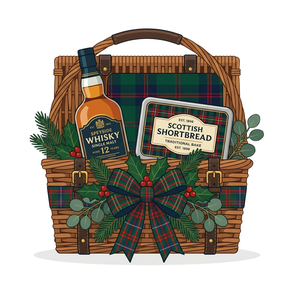 Gift basket containing whisky bottle and shortbread tin adorned with plaid ribbon and greenery