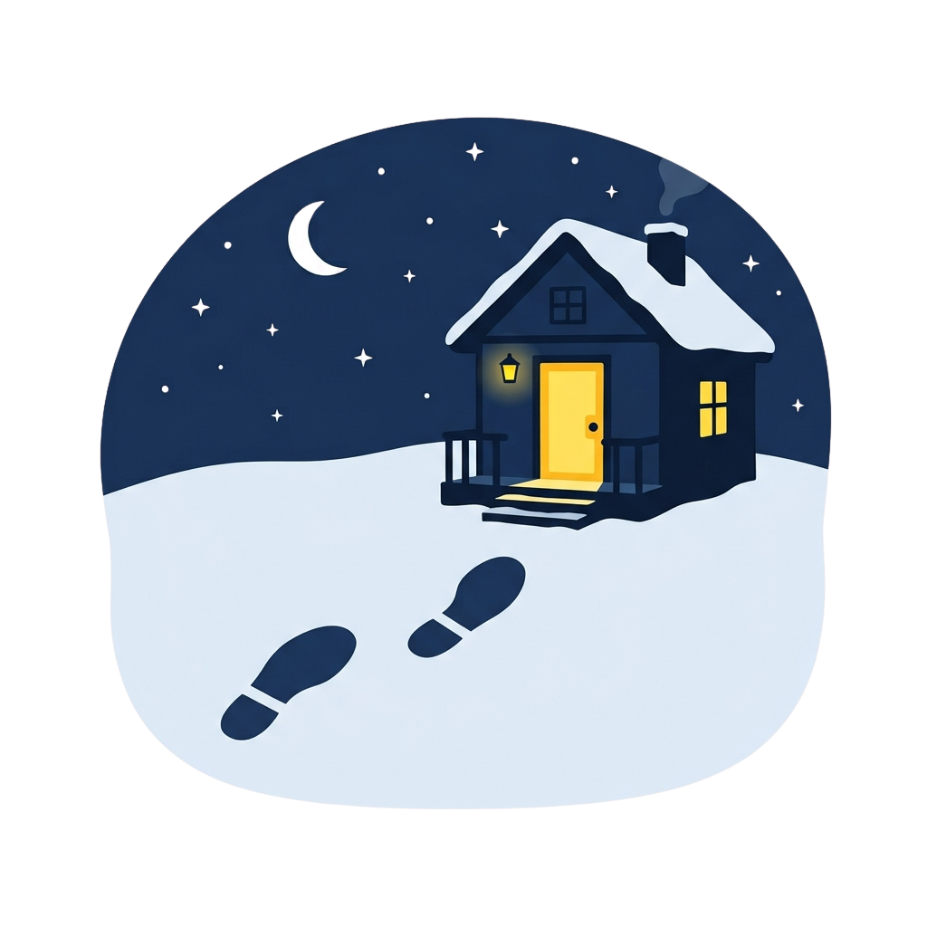 A snowy cabin with warm lights glowing from windows and door, surrounded by snow-covered ground and night sky with a crescent moon and stars. Footprints lead up to the porch.