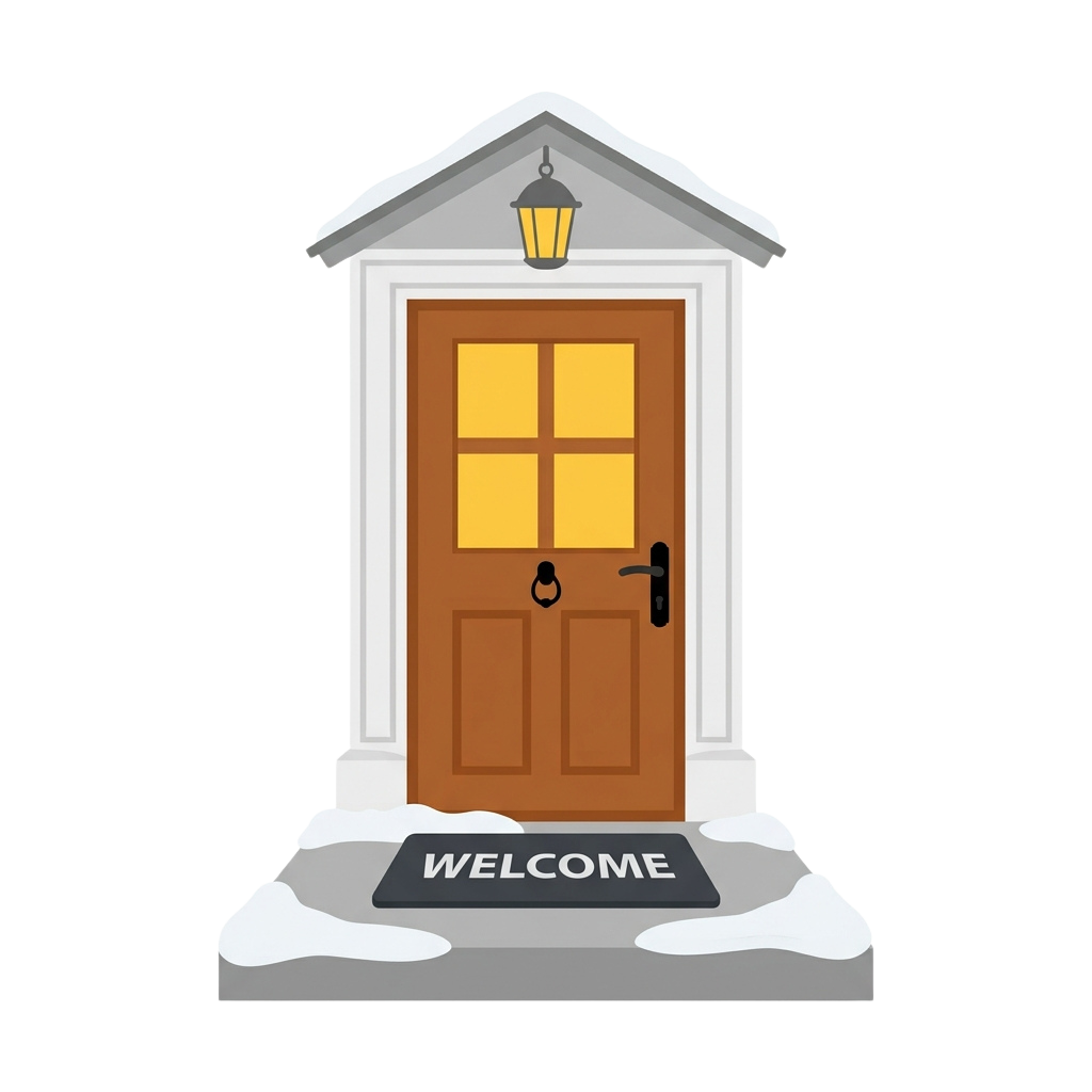 A brown double door with frosted glass panels and a welcome mat covered in snow, topped with a small roof and lantern.