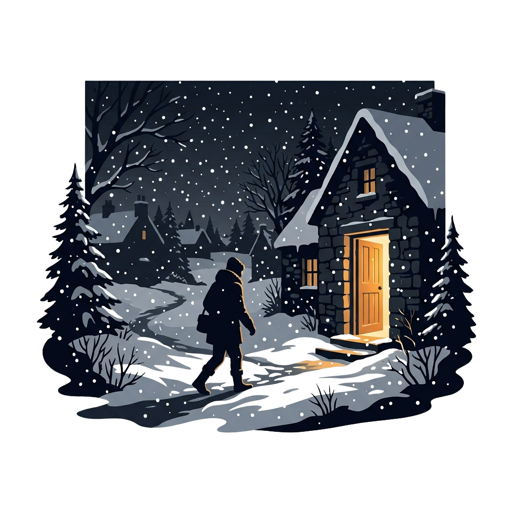 A person walks toward a warmly lit cottage door in a snowy winter village at night.
