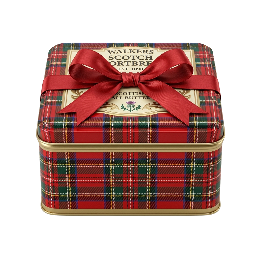 A tin of shortbread wrapped in plaid pattern with a red ribbon tied in a bow on top