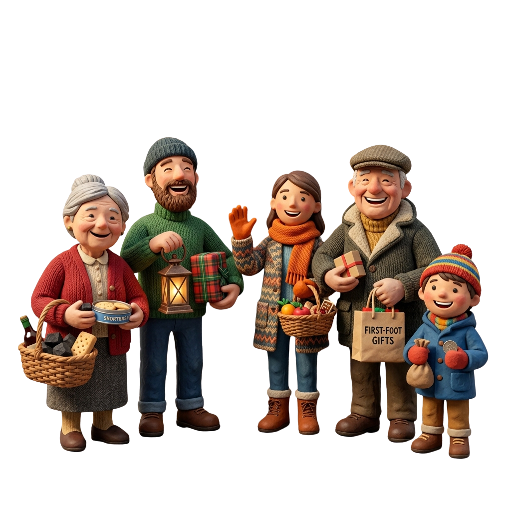 Five cheerful figurines holding holiday gifts, treats, and a lantern in a festive setting