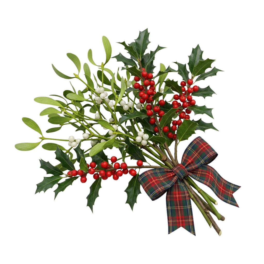 Mistletoe branch with green leaves, white berries, red berries, and a plaid ribbon bow