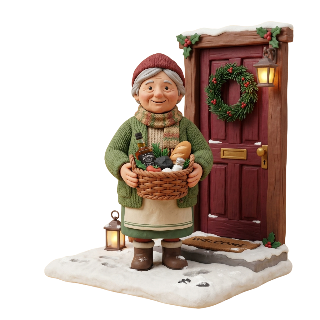 A cheerful elderly figurine in winter clothing holding a basket of holiday treats next to a decorated door with a wreath.