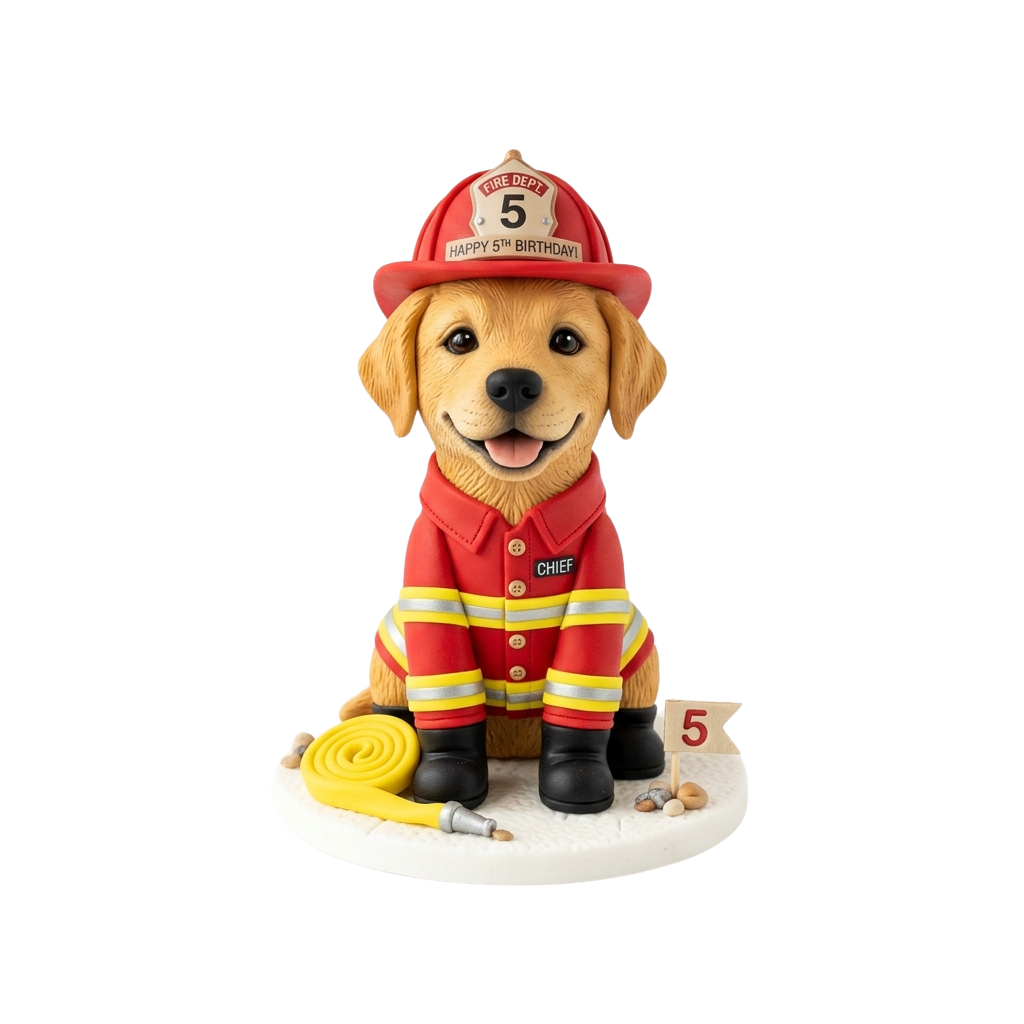 Golden retriever cake topper dressed as a firefighter chief for a 5th birthday celebration