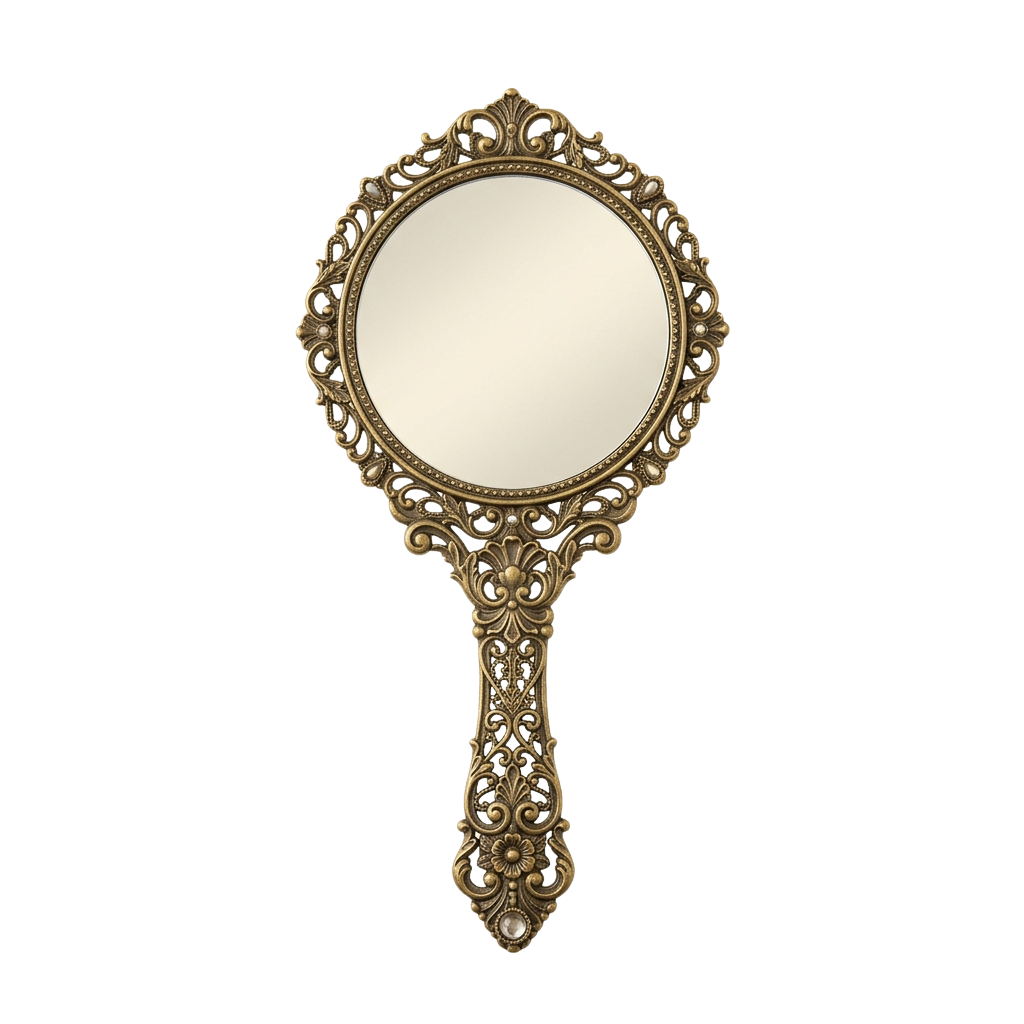An ornate gold-toned handheld mirror with elaborate filigree detailing around the circular reflective surface and handle