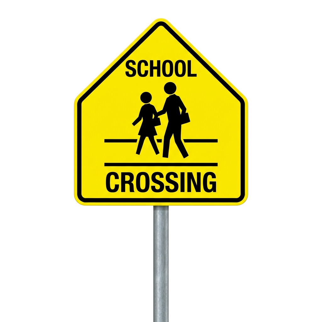 Yellow diamond-shaped school crossing sign with silhouettes of two children walking and black text reading School and Crossing