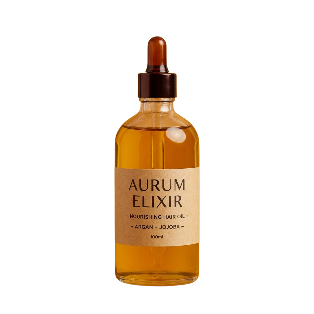 Glass bottle of nourishing hair oil with amber liquid and brown dropper cap against black background
