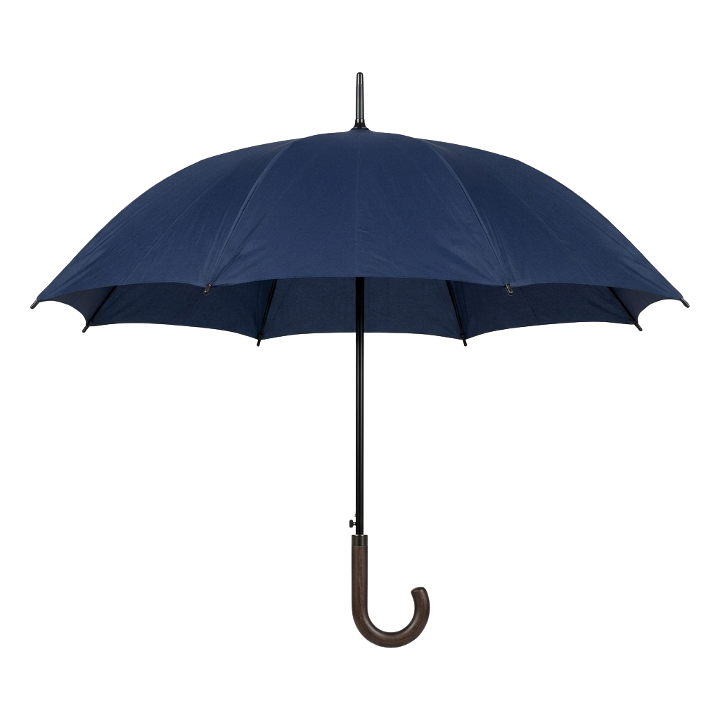 A navy blue umbrella with a wooden curved handle standing open against a dark background