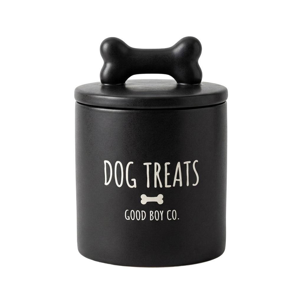 Black cylindrical container labeled Dog Treats with a black bone-shaped lid on top