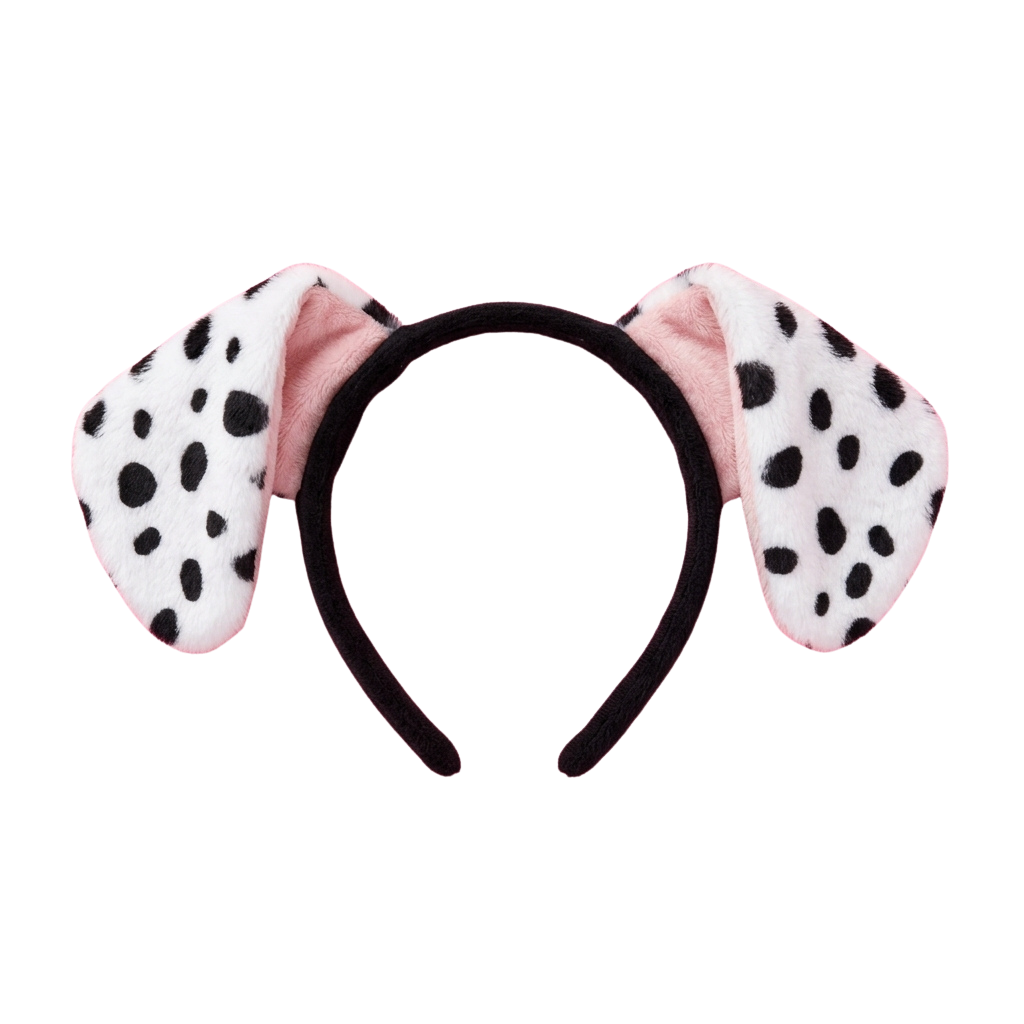 Headband with black band and two fluffy pink and white polka dot cat ears