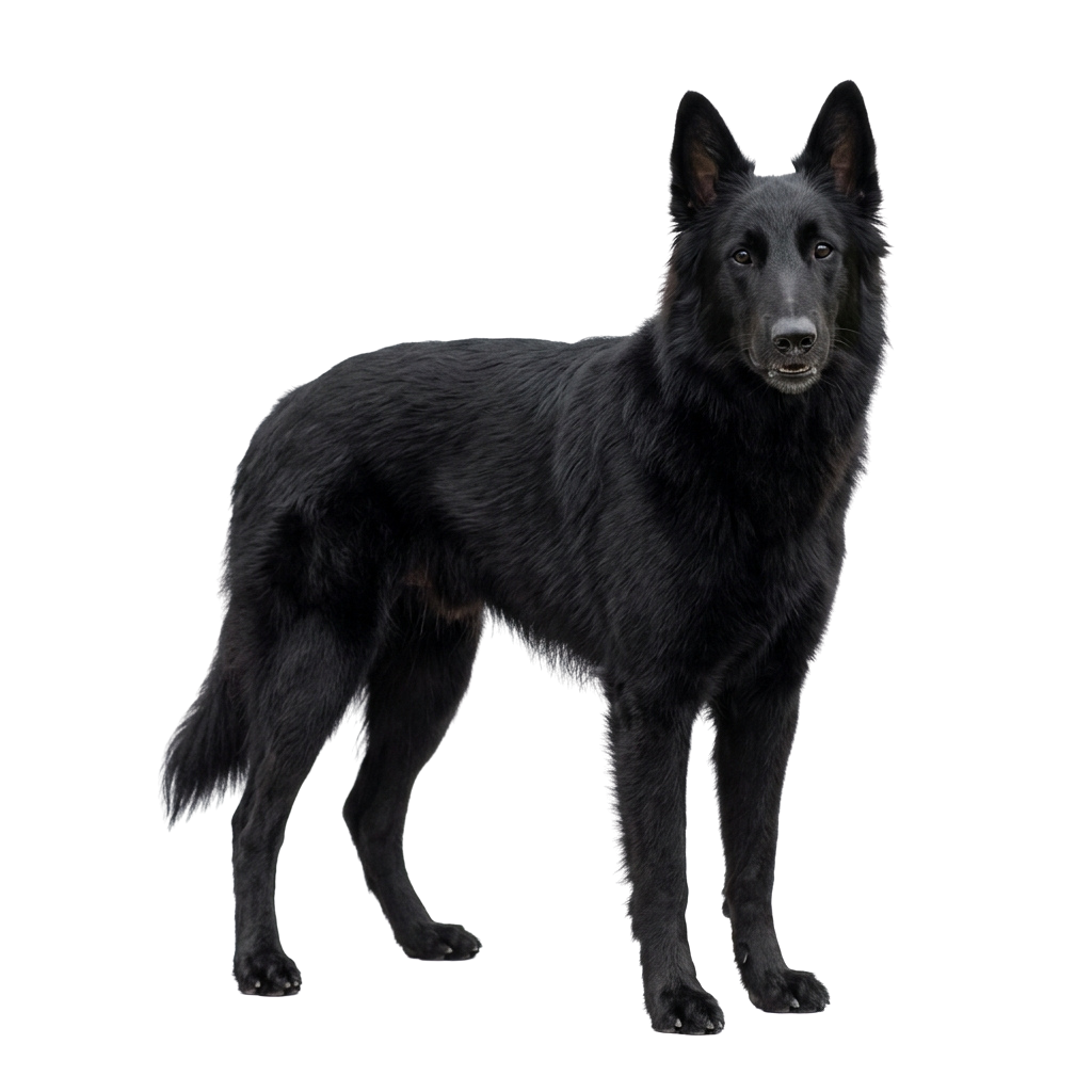 A black Belgian Sheepdog standing upright on a dark background