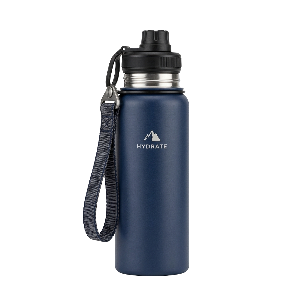 A blue insulated water bottle with a black lid, strap, and mountain logo.