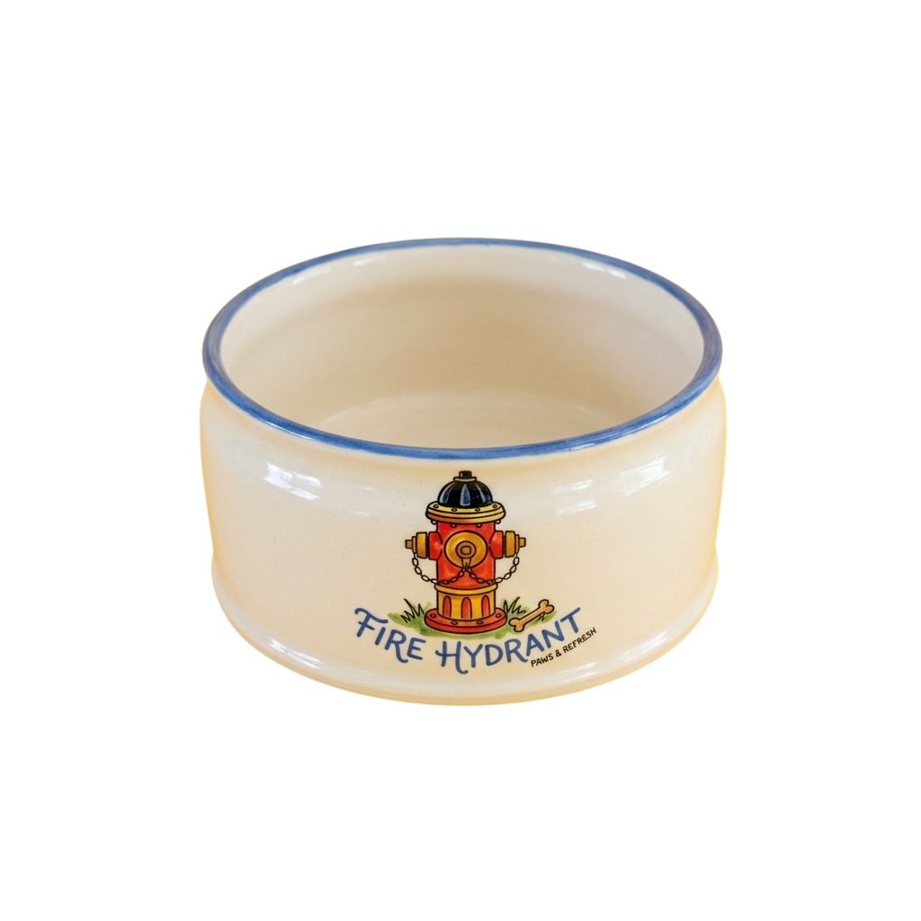Ceramic pet bowl featuring a fire hydrant graphic and text reading Fire Hydrant