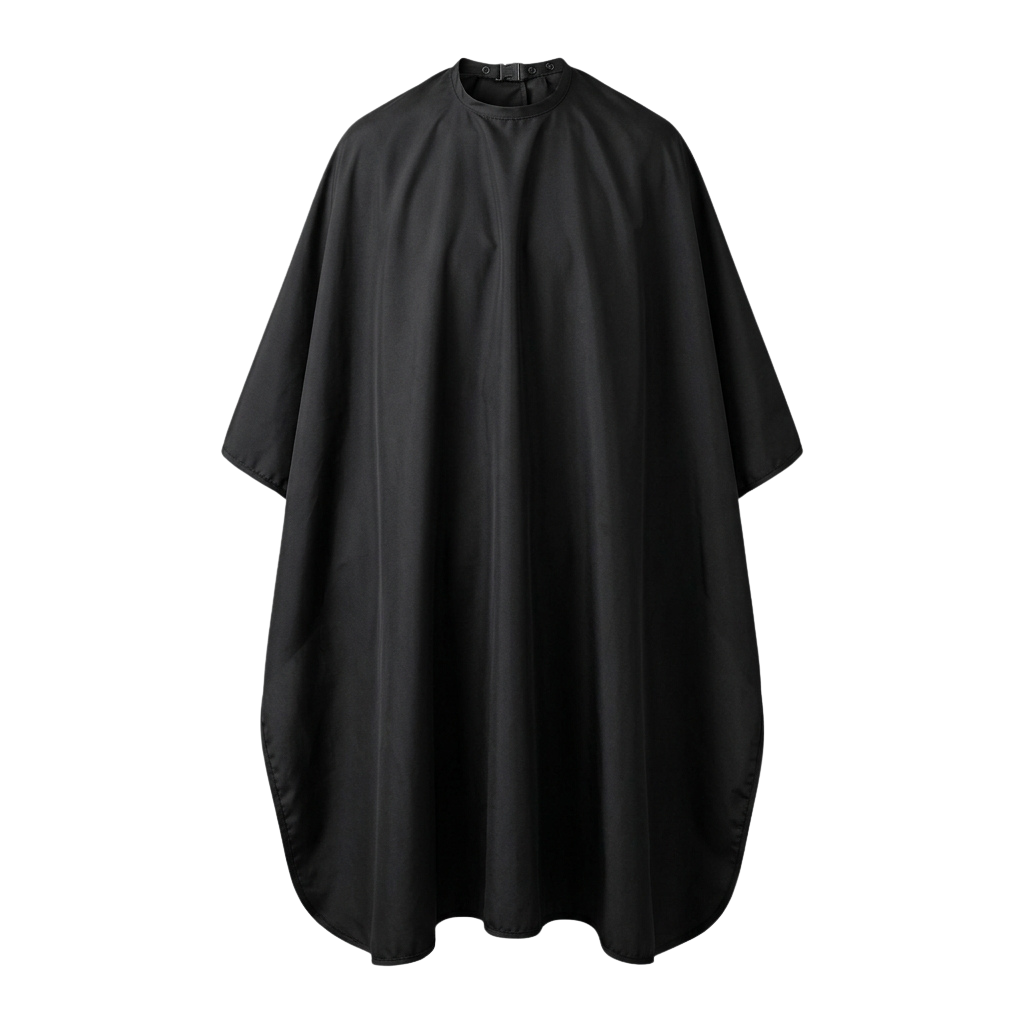 Black barber cape hanging on a black background