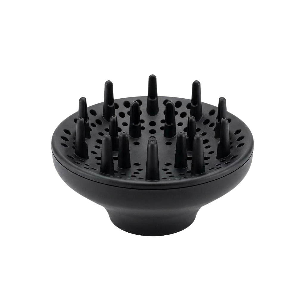 Black hair dryer diffuser attachment with multiple prongs for adding volume to hair