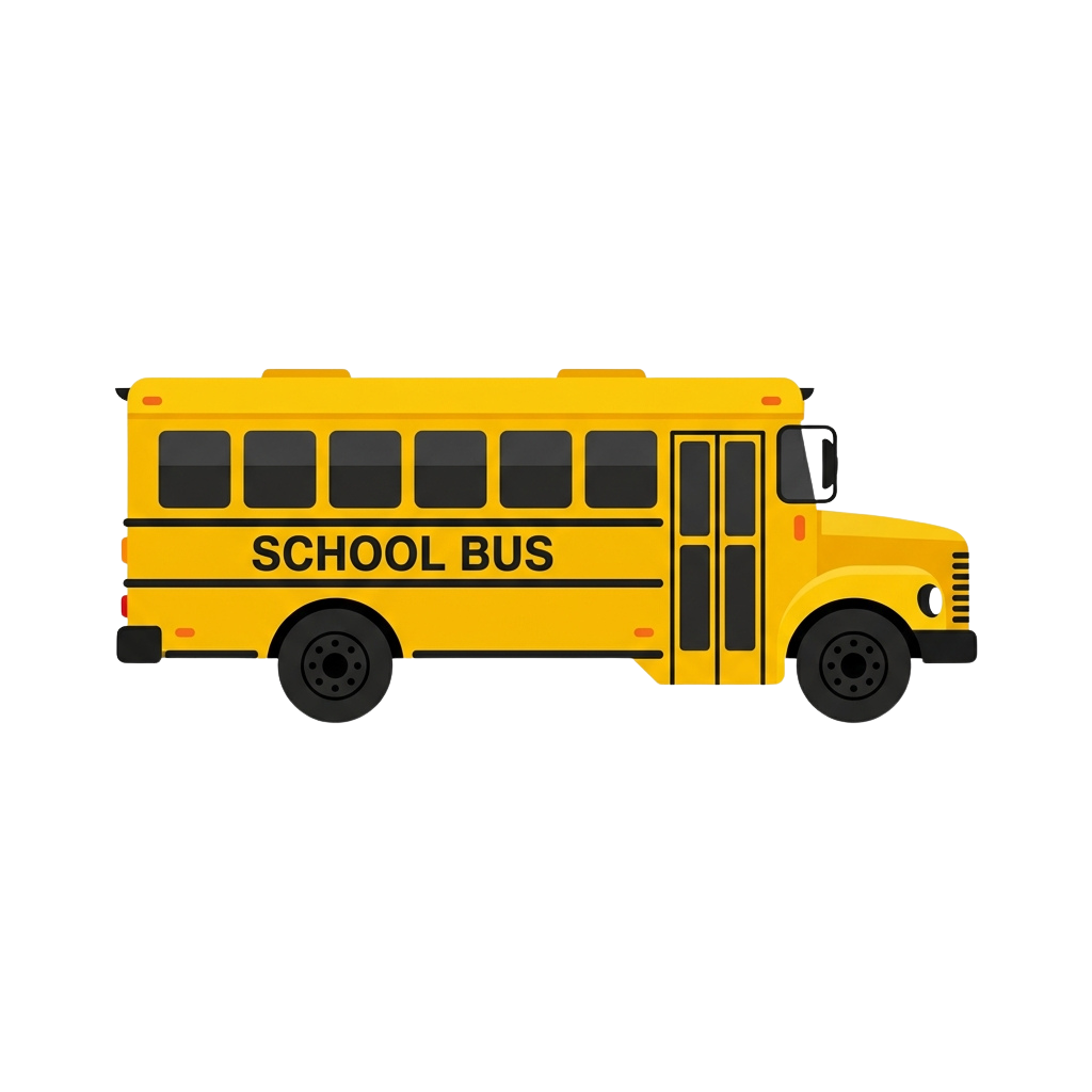Illustration of a bright yellow school bus with black lettering reading School Bus
