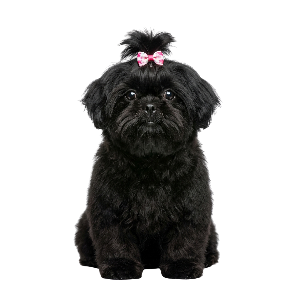 Black puppy sitting upright with a pink bow on its head