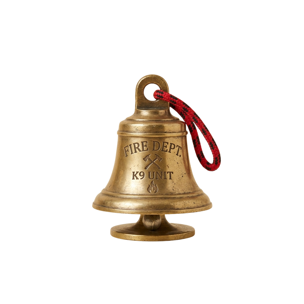 Brass fire department bell labeled Fire Dept K9 Unit with red rope attached