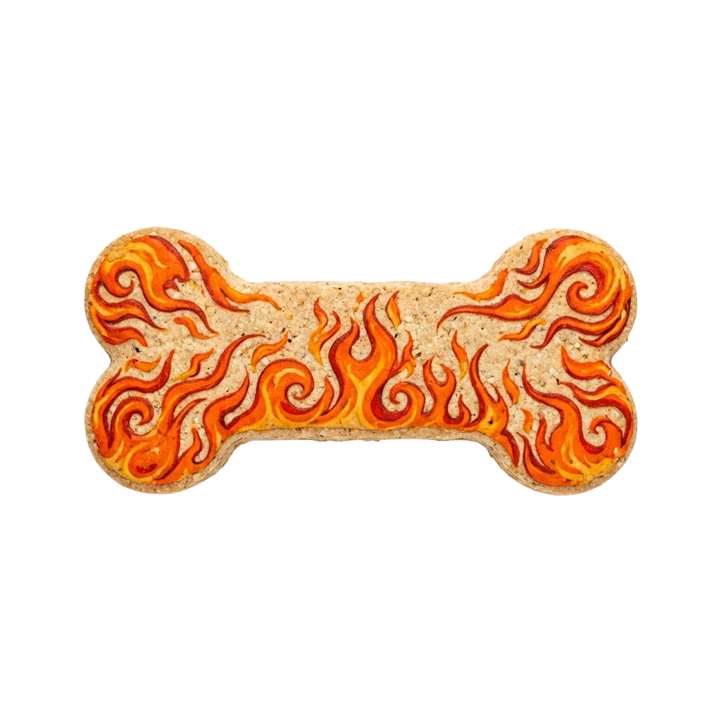 Dog bone biscuit decorated with bright orange and yellow flame patterns