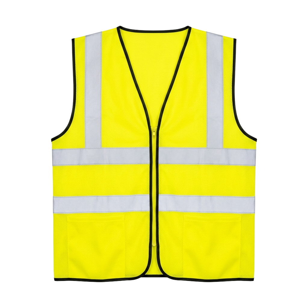 Bright yellow reflective safety vest with black and silver stripes for high visibility